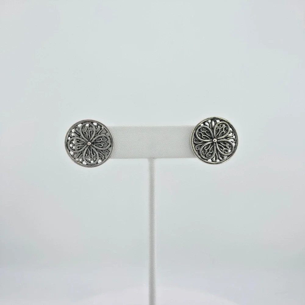 Vintage Ornate Button Earrings Open Scrollwork 4 Petal Flower Silver Plate .75